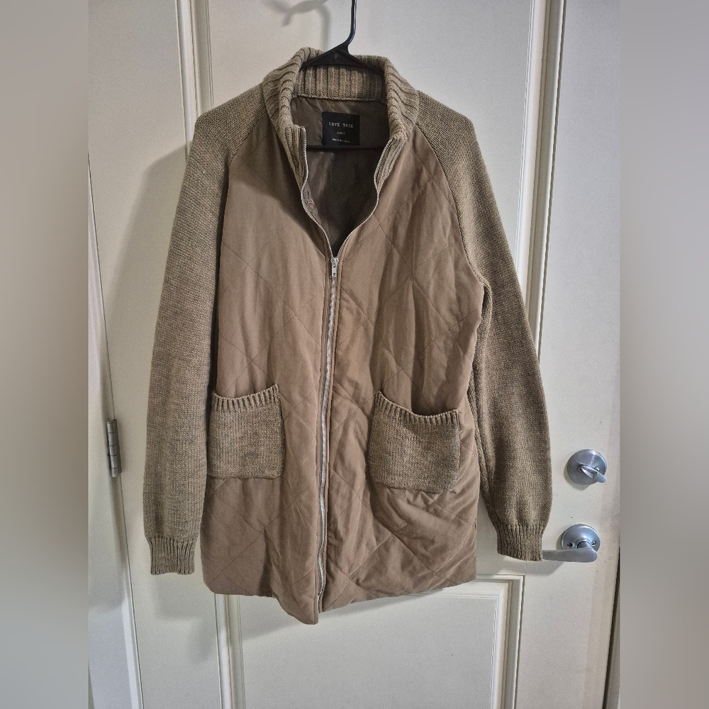 Love Tree Brown Quilted Jacket with Knit Sleeves